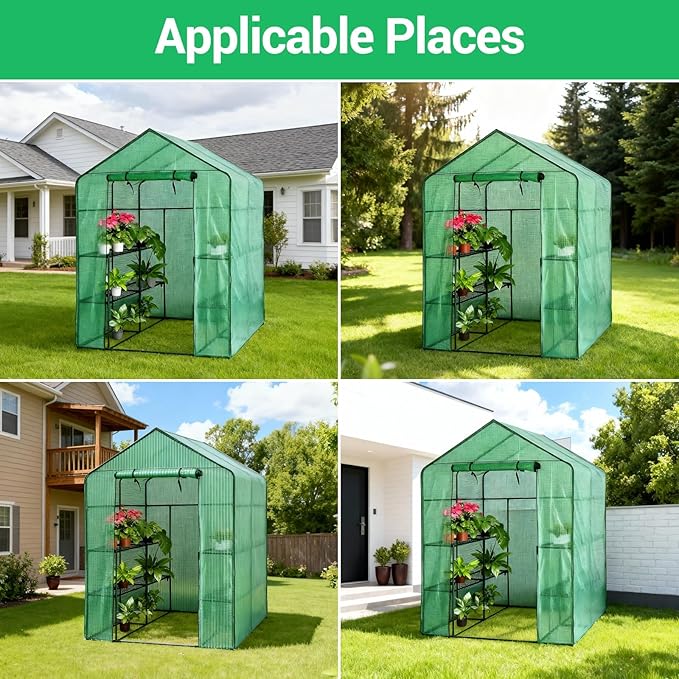 Walk-in Greenhouse 56 x 56 x 77 Inch Outdoor Plant Green House with 3 Tiers 8 Shelves Heavy Duty Steel Frame &amp Thicken PE Cover Portable Greenhouses for Balcony Patio Deck Gardening Green