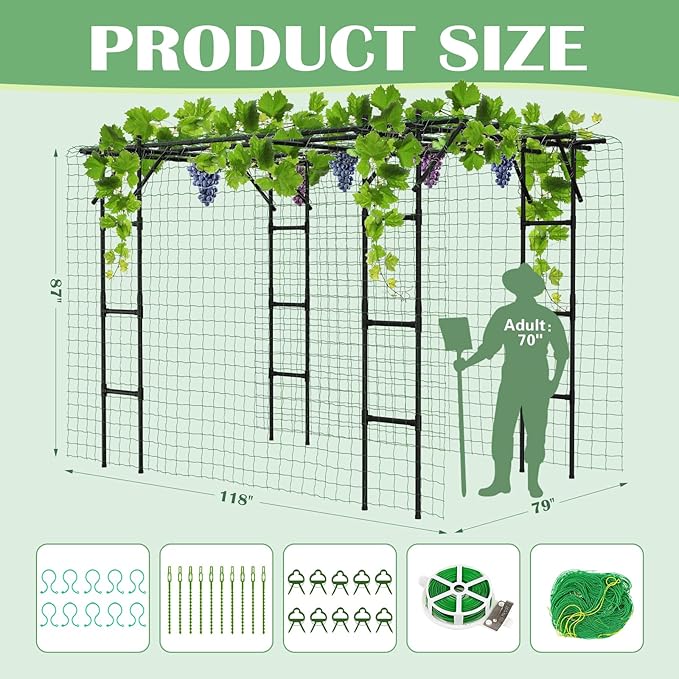 Garden Arch Trellis 87in H x 118in L Large Garden Arch Arbor Trellis for Climbing Plants Outdoor Plant Support for Cucumber Grape VineTall Metal Gardens Archway for Lawn Party Ceremony