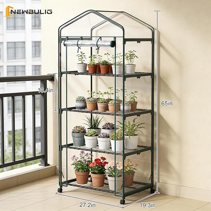 NEWBULIG Mini Greenhouse for Outdoors 4-Tier Portable Green House with Wheels and Clear PVC Cover All-Weather Plant House for Outside and Indoor27.17 x 19.29 x 65.35 Inches