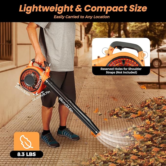 Handheld Gas Blower 25.6 Inch Single Cylinder Gas Powered Leaf Blower 750W 7000RPM 4.59FT³/H Handheld Gas Blowers for Lawn Care with Air Cooling System.