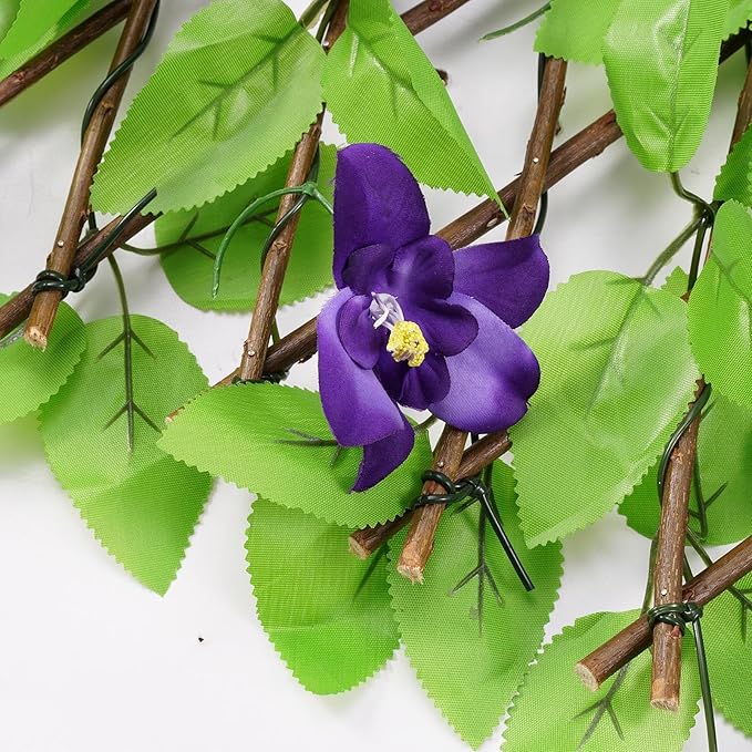 Expanding Garden Trellis Panel Artificial Hedge Wall Panels Garden Privacy Screen with Ivy and Violet Flower Adjustable Fake Leaf Wall Greenery Hedge Plant for Gardens Backyard Balcony