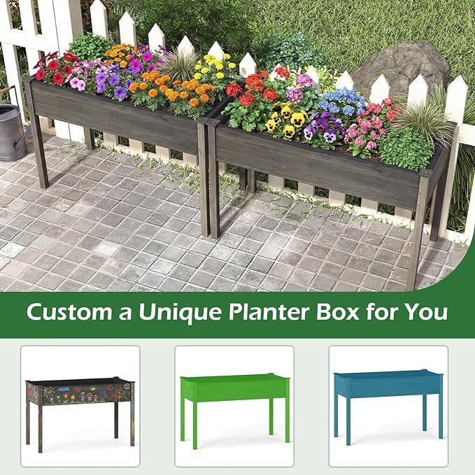 Giantex Wooden Raised Garden Bed Solid Pine Wood Planter Box w/Legs Drainage Holes Black Liner Outdoor Indoor Elevated Planter Box Stand for Patio Garden Lawn Greenhouse 47 x 23 x 30