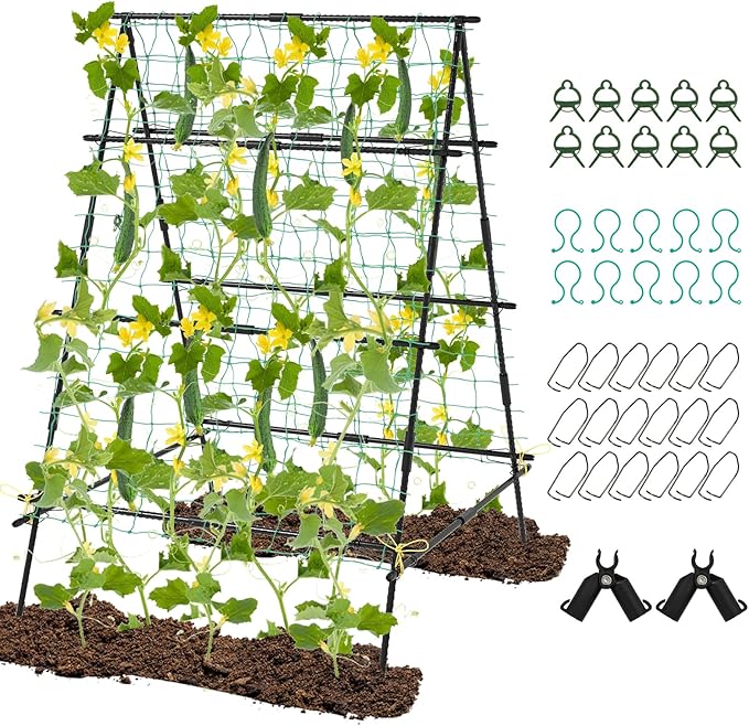 Giantex Cucumber Trellis Trellis for Climbing Plants Outdoor Garden Trellis w/Netting PE-Coated Metal Clips Plant Support for Flower Vine Grape Vegetable Fruit 41x51x59