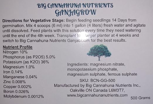 Big Cannahuna Nutrients Ganjagrow - Fertilizer for Vegetative Growth in Plants 500 Grams