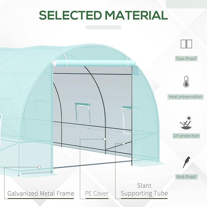 【LuckyNote】 20' x 10' x 7' Walk-in Tunnel Greenhouse Garden Warm House Large Hot House Kit with 8 Roll-up Windows &amp Roll Up Door Steel Frame Green