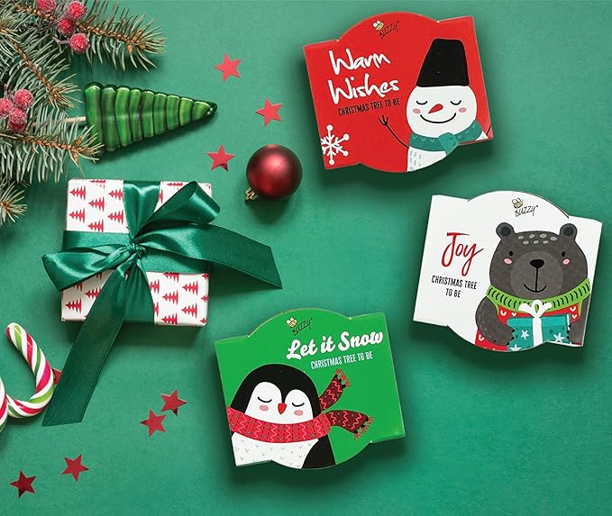 BUZZY Seeds Holiday Mini Spruce Kit 12-Pack – Terracotta Pots with Bear Penguin and Snowman Designs All-in-One Tree Seed Starter Set Stocking Stuffer Party Favor