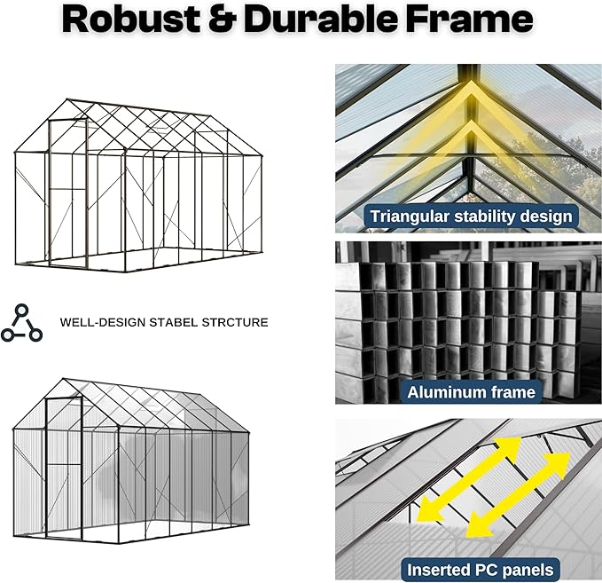 Kingdura Walk-in Greenhouse for Outdoors 6x10ft Large Polycarbonate Greenhouses with Aluminum Frame Adjustable Roof Vent Lockable Door UV Protection for Outside Garden Backyard