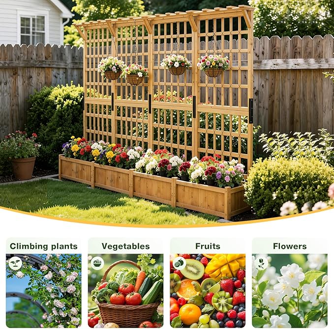 Aoxun 108 Raised Garden Bed with Trellis Wood Planter Container with Hanging Roof &amp Garden Boxes for Climbing Plants Flowers Vine (3 piece)