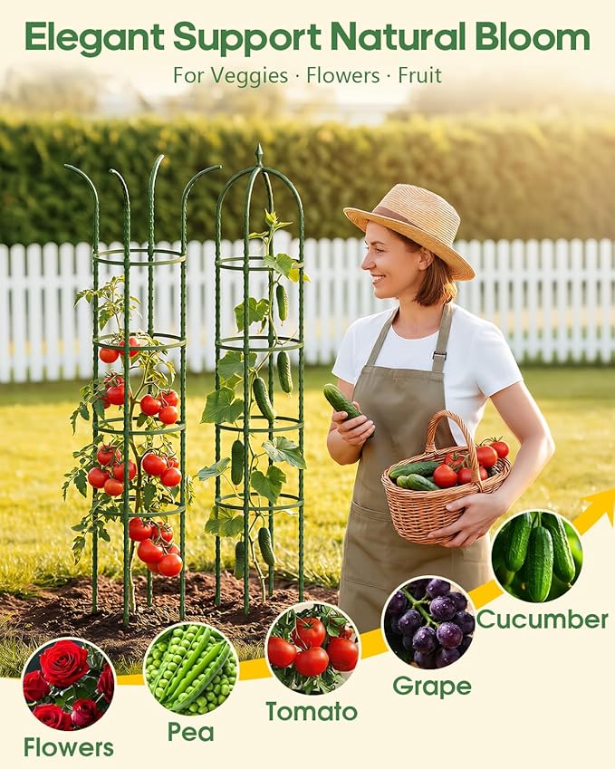 Joyhalo 2 Pack Trellis for Climbing Plants Outdoor 74 Inch High Adjustable Garden Trellis for Flowers Green Plastic Coated Steel Plant Stakes Use As Tomato Cage