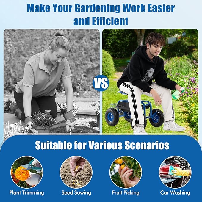 Goplus Garden Seat with Wheels Rolling Garden Cart with 360 Degree Swivel Seat for Planting Gardening Stool w/Tool Tray Basket Gardening Chair Workseat Patio Wagon Scooter for Seniors