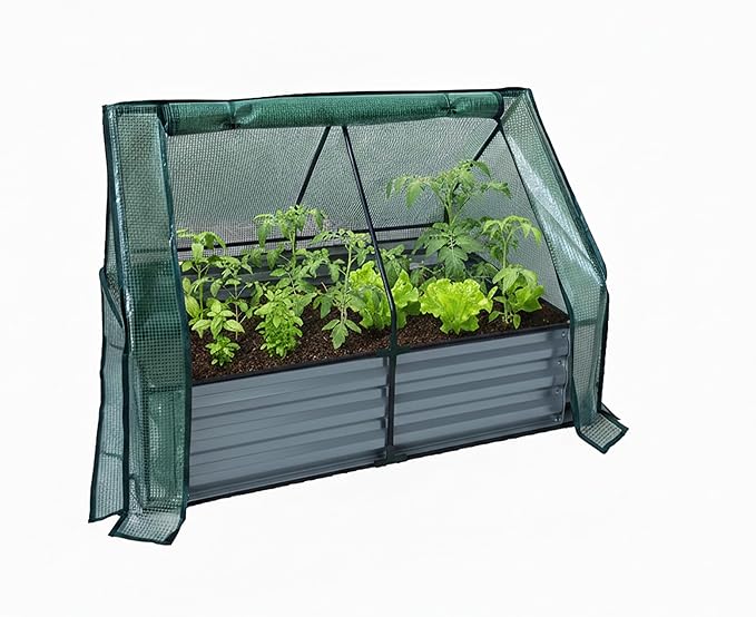 Relaxdays Raised Bed with Greenhouse for Flowers Plants and Vegetables H x W x D: 92 x 125 x 95 cm Garden Plant Bed Light Grey