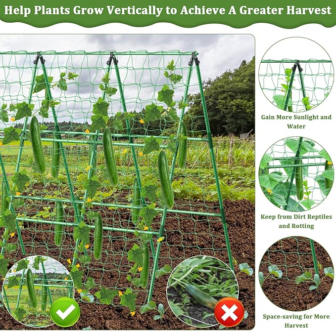 Cucumber Trellis for Raised Bed 50x 54 inch A-Frame Garden Trellis for Climbing Plants Outdoor Metal Arch Trellis with Netting Vegetables Trellis for Grape Pea Bean