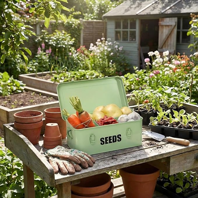 Seed Storage Organizer Box with 4 Compartments Large Metal Seed Packet Container with Lid &amp Safety Locks Garden Seed Bin for Saving Seeds with 50 Plant Labels 20 Envelopes