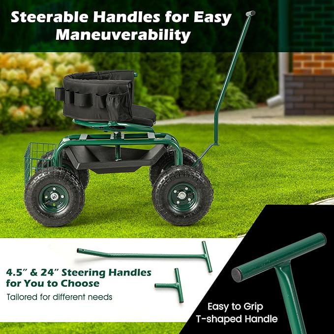Garden Cart on Wheels 360° Swivel Rolling Outdoor Workseat with Washable Cushion &amp Dual Handles Height Adjustable Garden Stool for Patio Yard (Green)