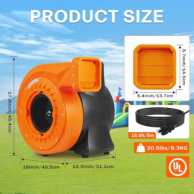 950W Bounce House Blower for Big Inflatables 1HP Powerful Inflatable Air Blower Portable Commercial Fan Pump for Large Inflatable Bouncy Castle Water Slide Jumper Inflatable Decoration