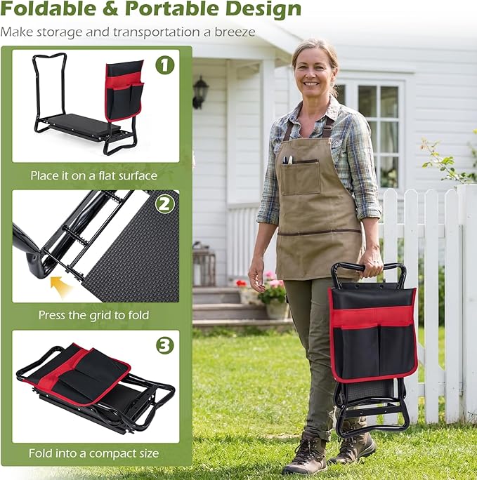 Goplus Garden Kneeler and Seat Heavy-Duty Garden Bench w/Large Tool Pouch Widen EVA Foam Kneeling Pad Portable Gardening Helper for Women Men Seniors Foldable Garden Stool for Kneeling &amp Sitti