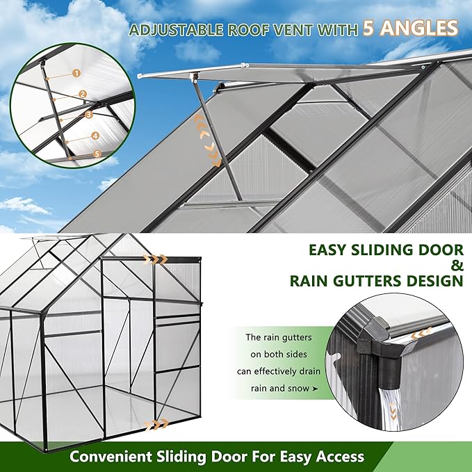 6 x 8 FT Outdoor Patio Greenhouse Walk-in Polycarbonate Greenhouse Adjustable Roof Vent &amp Rain Gutter for Plants&ampFlowers Garden Backyard (Green-6 x 8 FT)