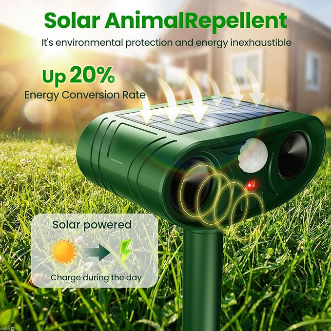 2026 Upgraded Ultrasonic Solar Animal Repellent Outdoor Deer Repellent Devices Squirrel Cat Raccoon Rabbit Dog Deterrent with Motion Sensor for Yard Garden Lawn