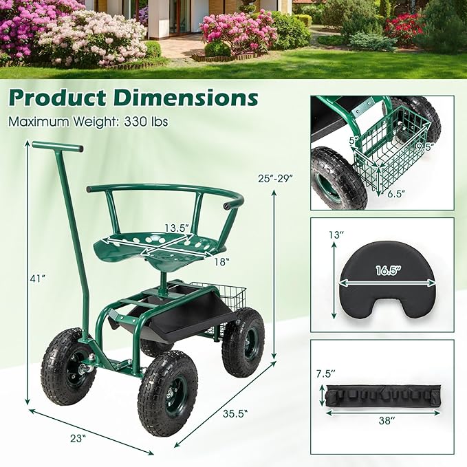 Garden Cart on Wheels 360° Swivel Rolling Outdoor Workseat with Washable Cushion &amp Dual Handles Height Adjustable Garden Stool for Patio Yard (Green)