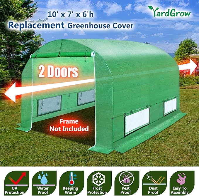 YardGrow 2-Doors Replacement Greenhouse Cover for Larger Walk in Outdoor Yard Plant Gardening Hot House Cover ONLY (10'x7'x6' Green)