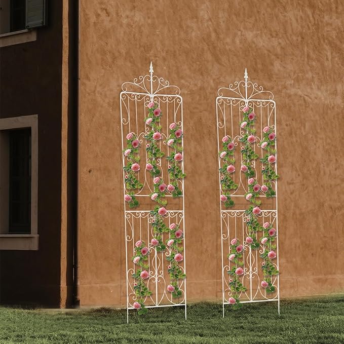 2 Pack Metal Garden Trellis Panel 93 H x 26 W Outdoor Decorative Flower Arched Fence Trellis for Climbing Plants Patio Wall Panel Climbing Rose Support for Yard Lawn (White)