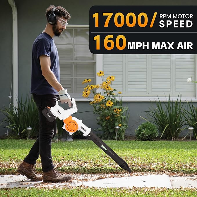LIGO 20V Cordless Leaf Blower with 4.0Ah Battery High-Speed Dual Fan 3-Speed Memory &amp 180° Handle 4 Nozzles with Extension Tube for Lawn Workshop Desktop