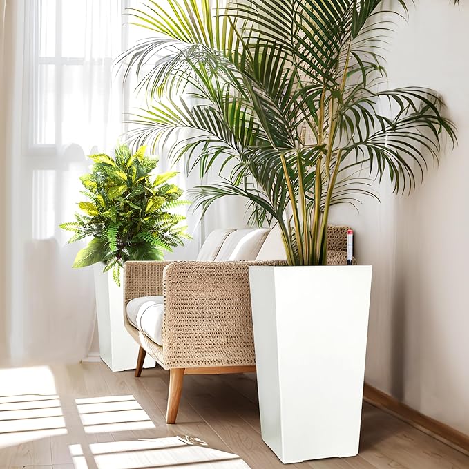 GarveeLife 22.5 in Tall Planters Set of 2 Outdoor＆Indoor Black Planter Pots High Front Porch Planter Pots with Drainage Holes＆Water Level Monitor＆Inner Bucket Automatic Watering White