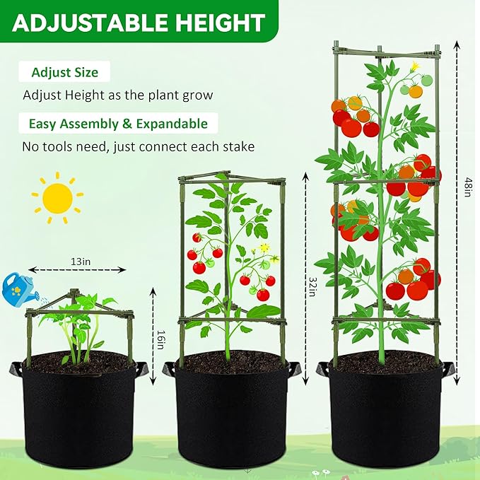 GENMOUS Tomato Cages with Grow Bags - 48 Inch Tomato Trellis for Raised Garden Bed 3-Pack Tomato Plant Support with 10 Gallon Plant Grow Bags Reusable and Height Adjustable
