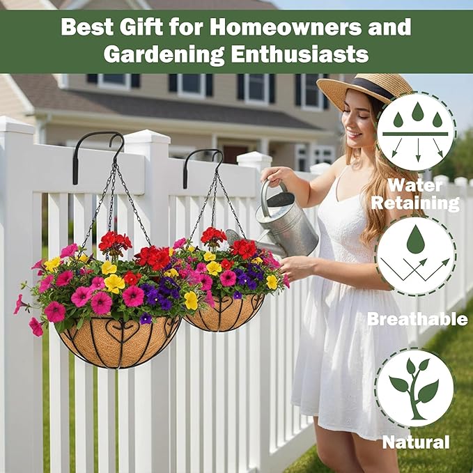 4 Pack 12 Inch Hanging Baskets for Plants Outdoor Metal Hanging Planter Basket with Coco Coir Liner Hanging Flower Baskets Hanging Flower Pots Holder for Garden Patio(Modern)