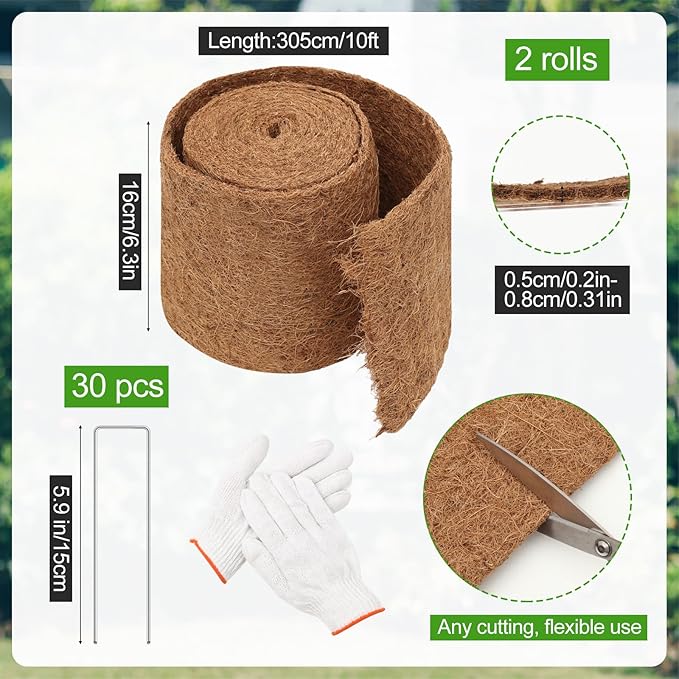 Timgle 2 Pcs 120 x 6.3 Natural Coconut Fiber Liner Mulch Roll Coir Liner Garden Weed Barrier Mat with 30 U-Shaped Steel Stakes for Landscaping Garden Edging Border Planters Vegetables &amp Flow