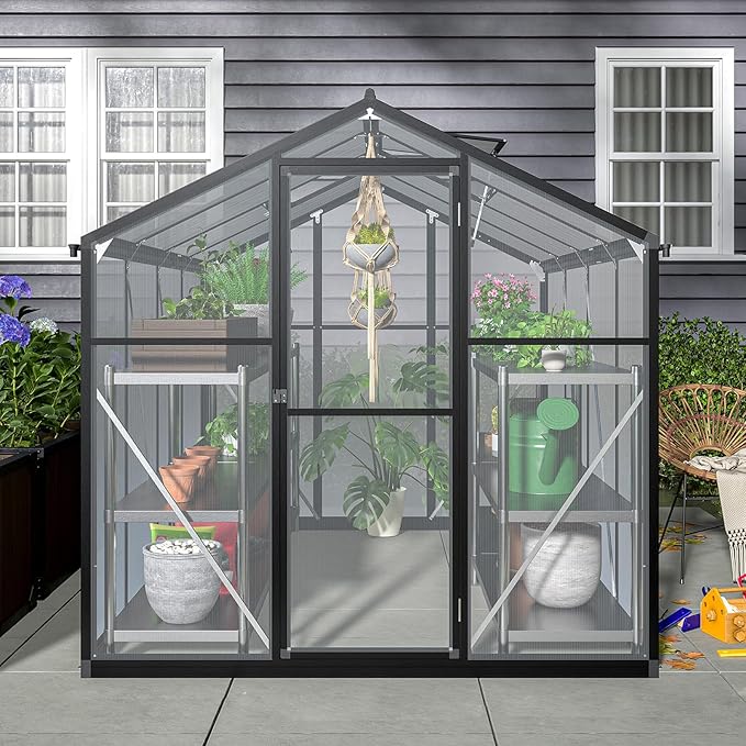 6x8 FT Walk-in Greenhouse Kit with Polycarbonate Panels &amp Aluminum Frame Green Houses for Outside with 2 Vents Greenhouses for Outdoors with Lockable Door Backyard Discovery Greenhouse (Black)
