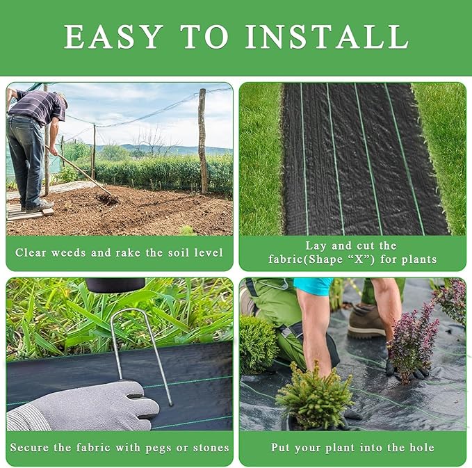32 Garden Stakes + 4ftx100ft Weed Barrier Landscape Fabric Heavy Duty Weed Gardening Ground Cover Mat Weed Control Garden Cloth Woven Geotextile Fabric for Underlayment Commercial Driveway Fabric