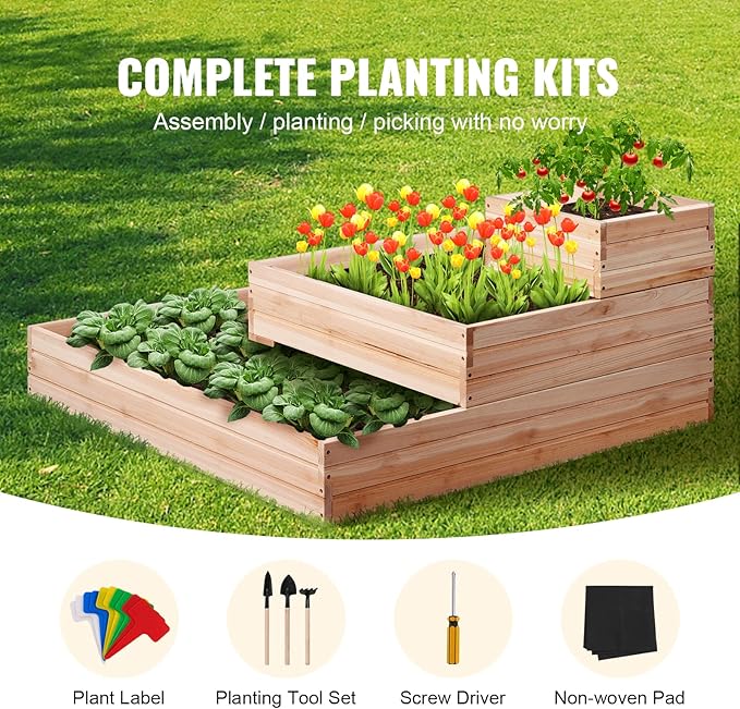 VEVOR 3 Tier Raised Garden Bed Wood Outdoor 45 x 45 x 20in High End Natural Fir Wood Planter Box Outdoor Planting Boxes for Flowers/Vegetables/Herbs in Backyard/Garden/Patio/Balcony with Open Base