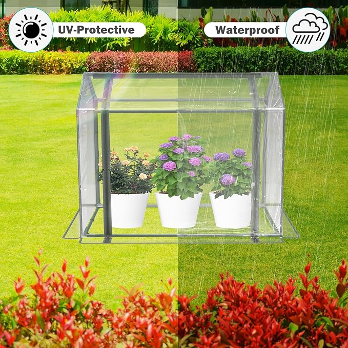 Esbaybulbs Mini Greenhouse with PVC Cover and Roll-Up Zipper Door 33.5'L x 23.2'W x 32.5'H Transparent Steel Frame Roll-Up Door Garden Greenhouse