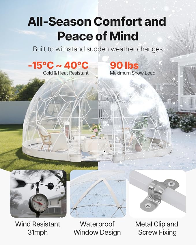 VEVOR Garden Dome Tent 9.5 x 5.7 ft Outdoor Clear Bubble Tent for 2-4 Person Weatherproof Geodesic Dome Greenhouse with Window PVC Transparent Tents for Backyard Patios Camping Party Wedding