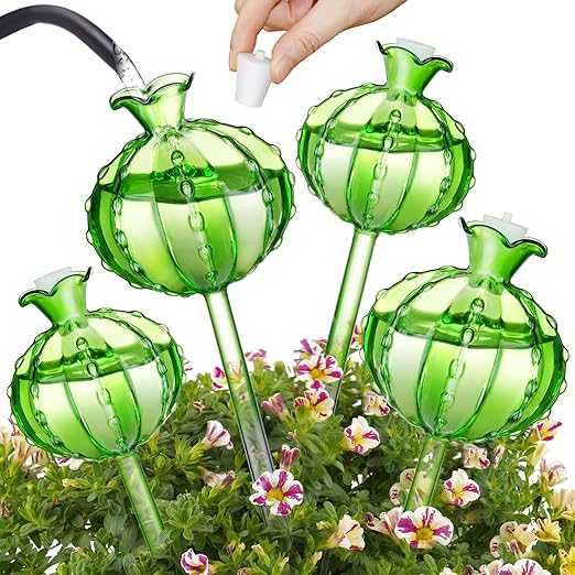 NiHome Plant Watering Globes 4-Pack (2 Small + 2 Large) Green Glass Cactus Self Watering Globe Glass Waterer for Potted Plants Automatic Mini Irrigation System Adorable Gardening Tool
