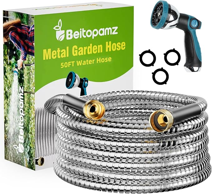 Garden Hose 50 ft Stainless Steel Metal Water Hose with Nozzle Flexible and Durable Rust Proof No-Kink Heavy Duty Leakproof 3/4'' Brass Fittings Lightweight Hose for Patio Lawn