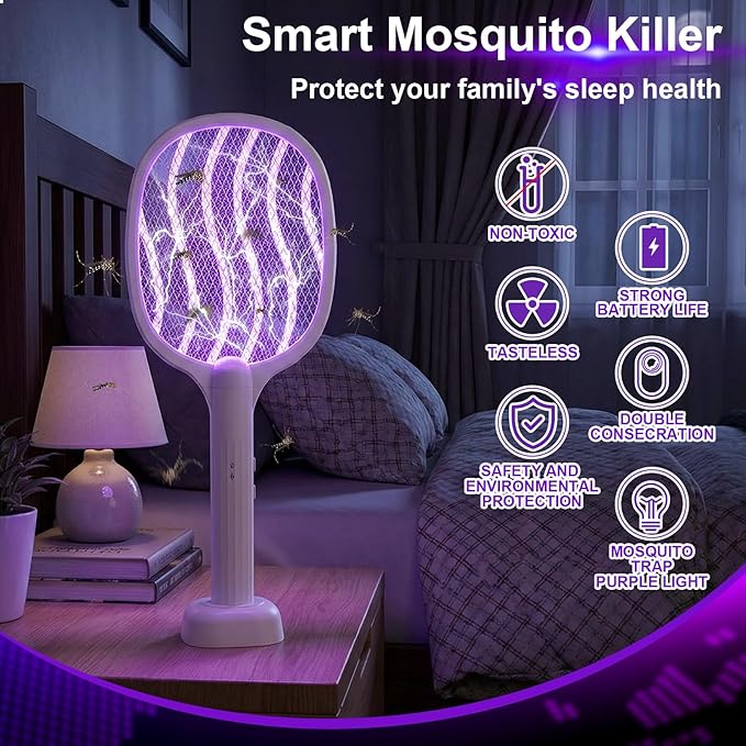 Qualirey 4 Pcs Electric Fly Swatter Bug Zapper Racket 2 in 1 USB Rechargeable Mosquito Racket 3000v High Powered Mosquito Killer for Indoor Outdoor Home Bedroom Kitchen Patio Office Insect(Waves)