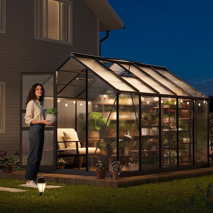Greenhouse 6×10FT Greenhouses for Outside Walk-in Green House with Ground Nails and Vent Windows Sliding Lockable Door Polycarbonate Green House for Outside Garden Backyard Quick Setup