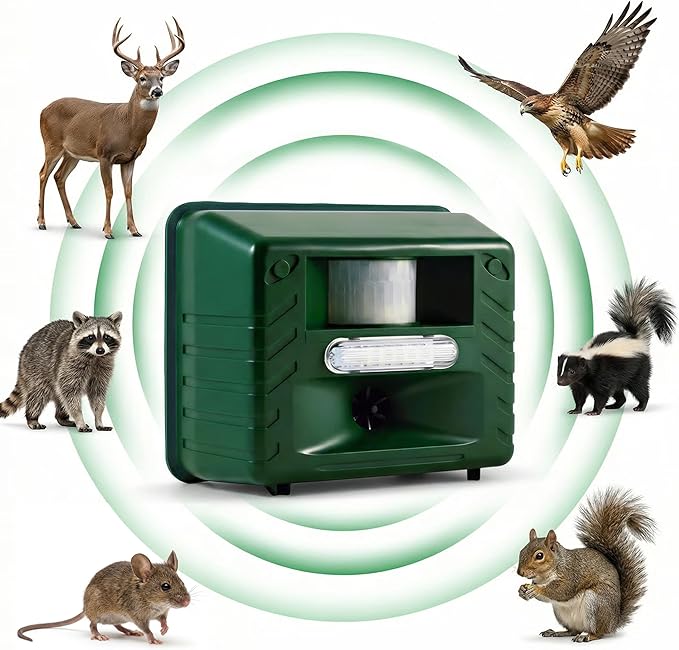 Aspectek Yard Sentinel Ultrasonic Repeller for Deer Raccoons Squirrel Bird Outdoor Animal Repellent for Yard Garden Farm Patio Waterproof Adjustable Motion Sensor Nighttime Strobe Light