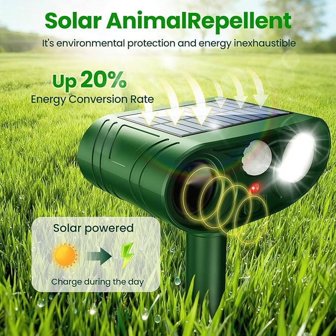 2026 Upgraded Ultrasonic Solar Animal Repellent Outdoor Deer Repellent Devices Squirrel Cat Raccoon Rabbit Dog Deterrent with Motion Sensor Flash Light for Yard Garden Lawn-4 Pack