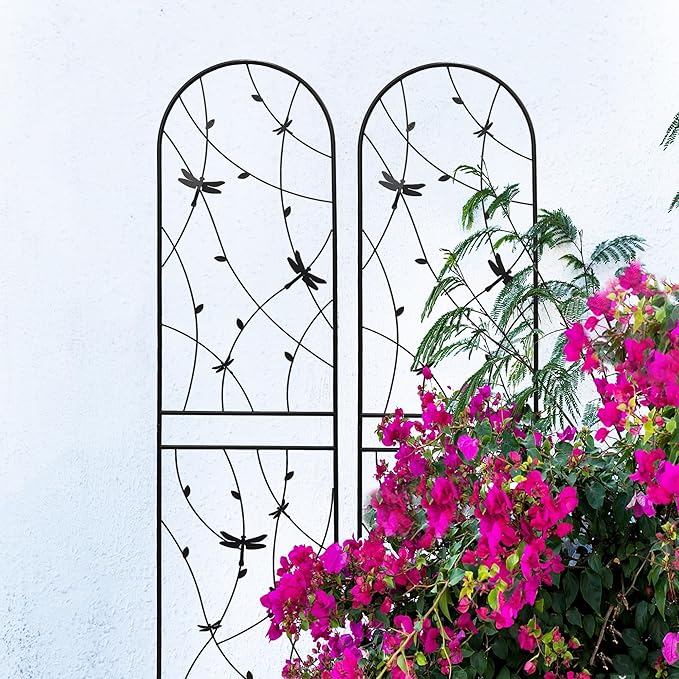 2/4 Pack Metal Garden Trellis for Climbing Plants Outdoor Flower Support Black with Dragonfly Deco Plant Support for Garden Patio Practical(2 Pack-H86'')