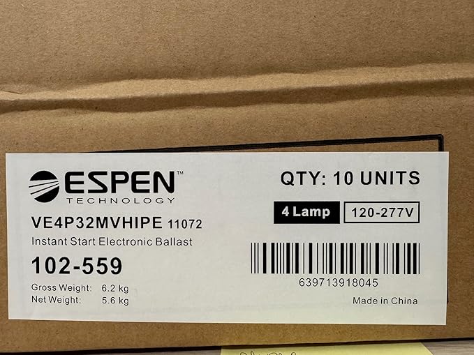10 Pieces ESPEN Technology 11072 VE4P32MVHIPE 4 Lamps 120-277V Instant Start Electronic Ballast 9.5 x 1.3 x 1