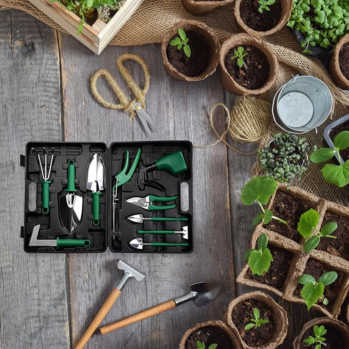 HARFINGTON 1 Set Garden Tool Set 10 Pieces Plastic Gardening Planting Tools Kit with Shovels Rake Scissor Trimmer Water Sprayer and Store Case Green