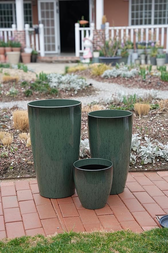 242111 Inch Large Plastic Planters with Drainage Hole and Saucer - Set of 3 Tall Plant Pots Indoor Flower Pot Tall Round Planters Outdoor Large Tall Planter