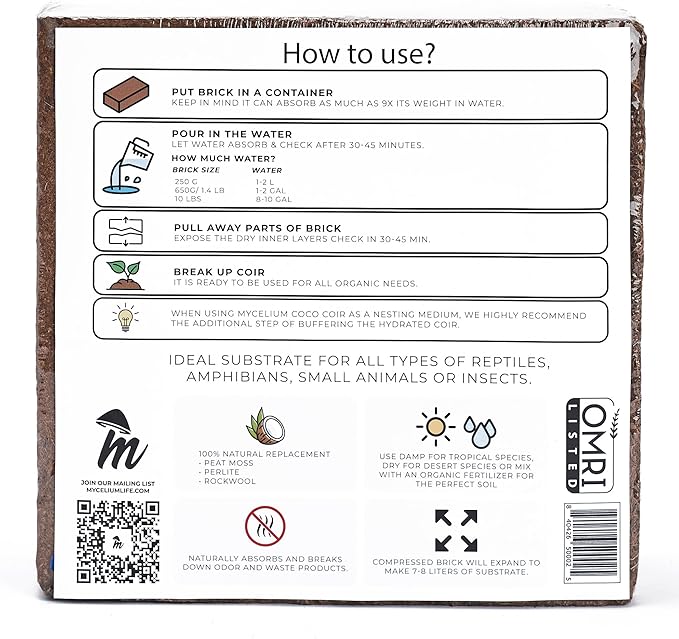 Mycelium Coco Coir Brick I Expandable Organic Coconut Fiber Substrate for Terrarium I Ideal for Reptiles Bedding Nesting &amp Burrowing I OMRI Certified &amp Non-GMO Soil Alternative 10lbs