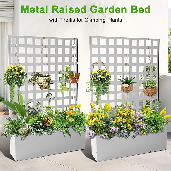 Metal Planter Box with Trellis Raised Garden Bed with Trellis 71x47x12 Planter Box with Privacy Screen and Drainage Holes for Climbing Plants Flower Privacy Planters for Patio White