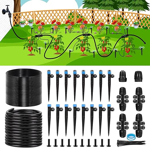 102FT Drip Irrigation System Kit New Quick-Connect Automatic Garden Watering Misting System for Greenhouse Yard Lawn Plant with 1/2 inch Hose 1/4 inch Distribution Tubing and Accessories