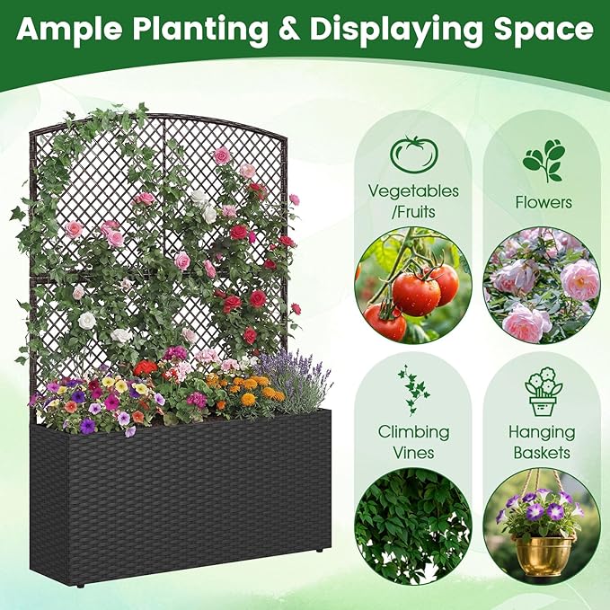 Byroce Raised Garden Bed PE Rattan Planter Box with Lattice Trellis Liner &amp Drainage Outdoor Standing Privacy Planter for Patio Balcony Climbing Plants &amp Hanging Flower (1 Black 40” x 11”