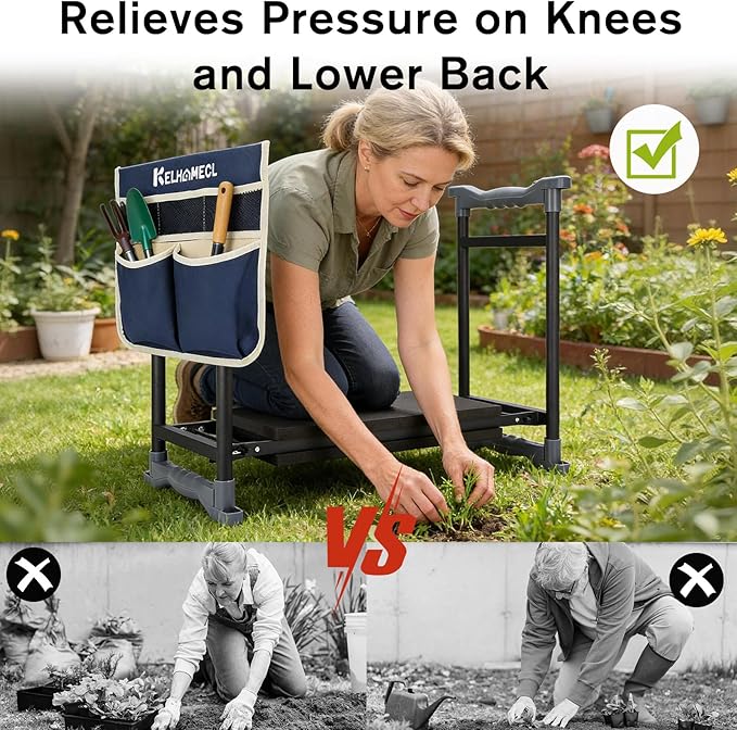Garden Kneeler and Seat with Umbrella 2-in-1 Foldable Gardening Stool with Adjustable Bracket Detachable Tool Bags Heavy Duty Kneeling Pad for Gardening (Beige Blue)